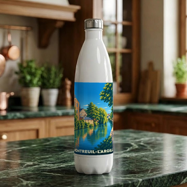 Gourde blanche souvenir de Montreuil-l'Argillé avec une illustration stylisée d'un paysage fluvial.