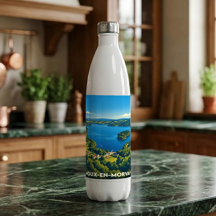 Gourde souvenir de la ville de Moux-en-Morvan avec une illustration stylisée d'un lac.