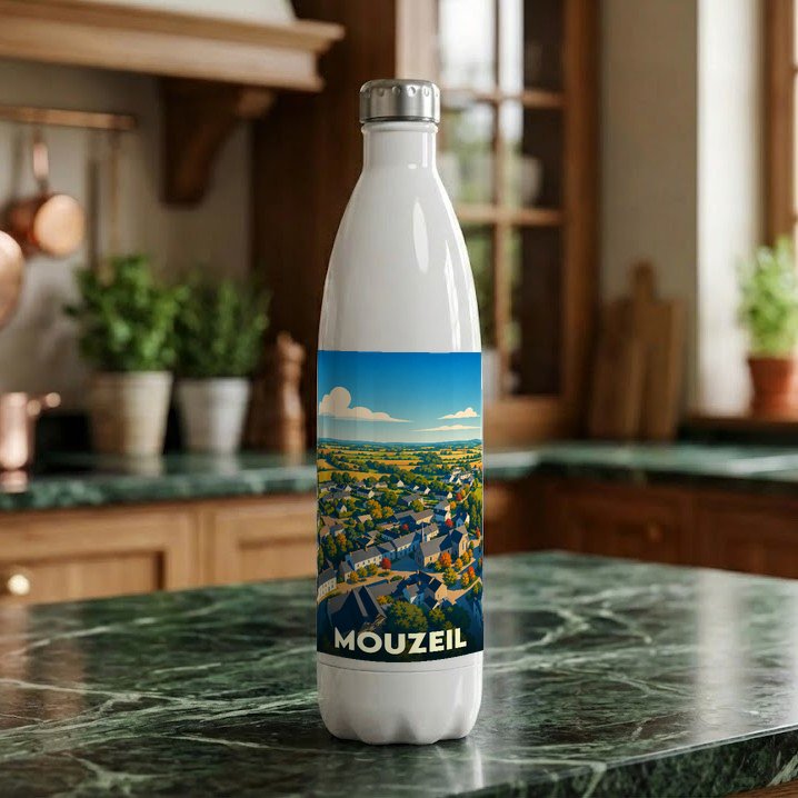 Gourde souvenir de la ville de Mouzeil avec une illustration stylisée de son paysage urbain et rural.