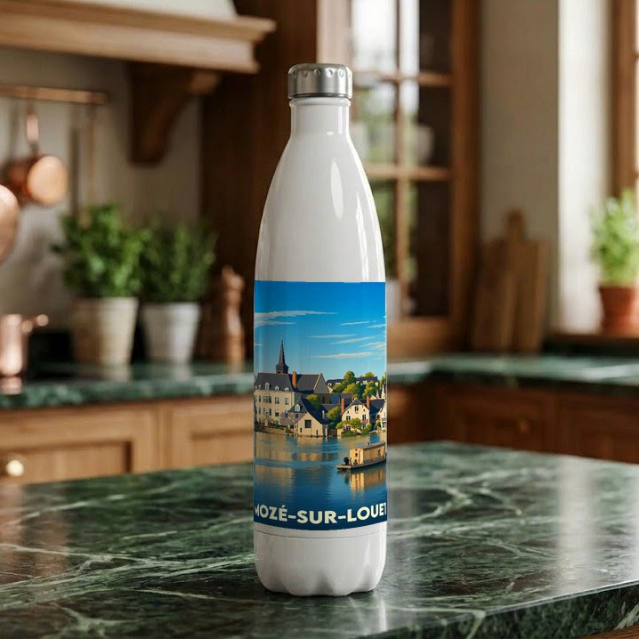 Gourde blanche souvenir de la ville de Mozé-sur-Louet ornée d'une illustration stylisée de son paysage fluvial.