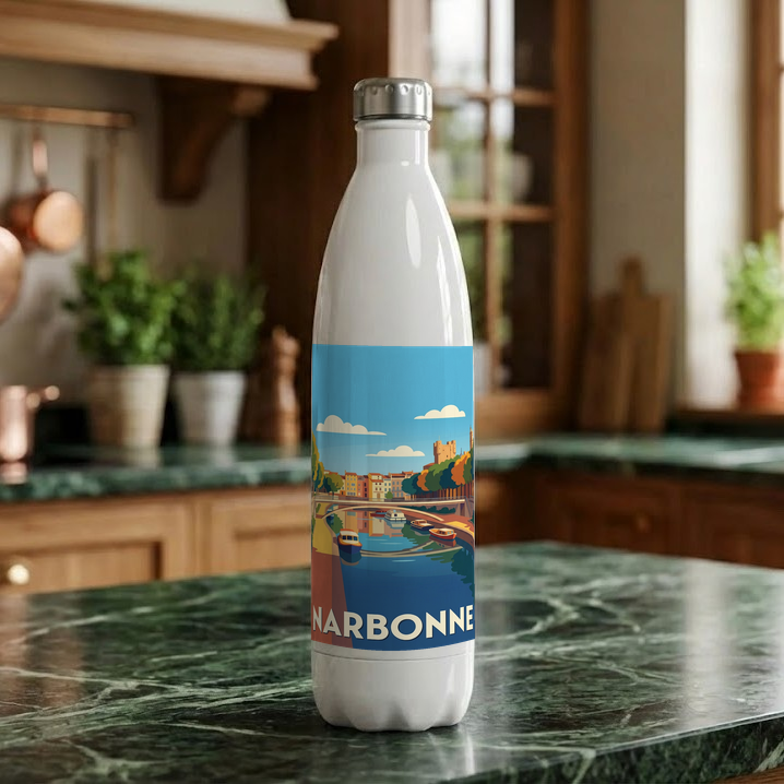 Gourde souvenir de la ville de Narbonne avec une illustration stylisée.