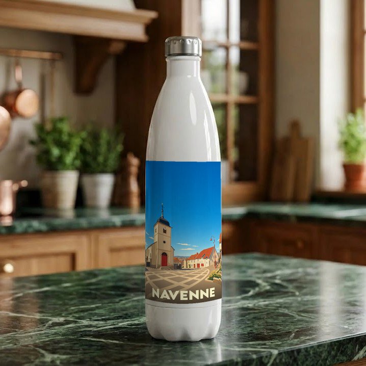 Gourde souvenir de la ville de Navenne avec une illustration stylisée.