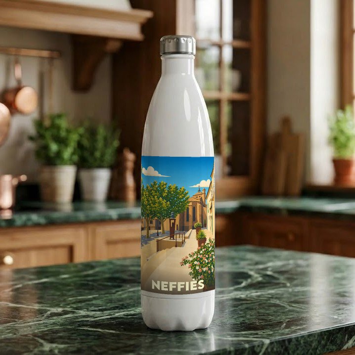 Gourde souvenir de la ville de Neffiès avec une illustration stylisée.