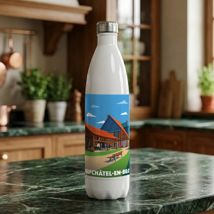 Gourde souvenir de la ville de Neufchâtel-en-Bray avec une illustration stylisée.