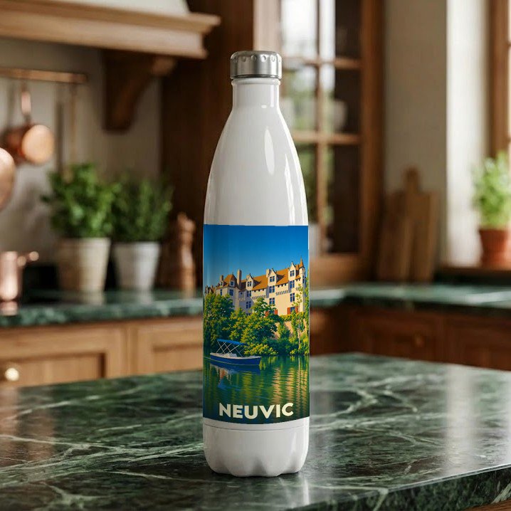 Gourde souvenir de la ville de Neuvic avec une illustration stylisée.