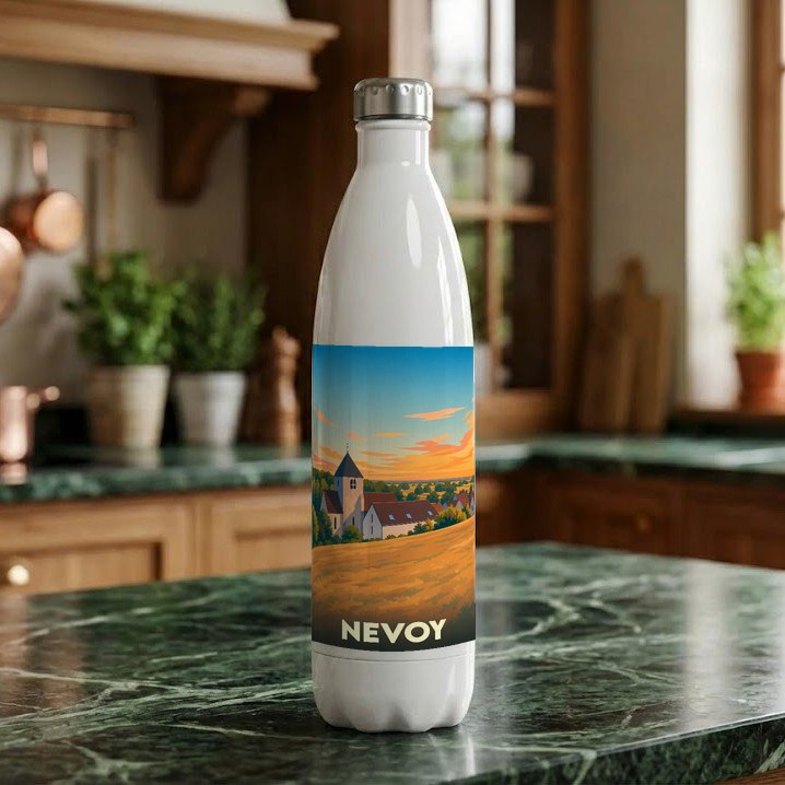 Gourde souvenir de la ville de Nevoy avec une illustration stylisée.