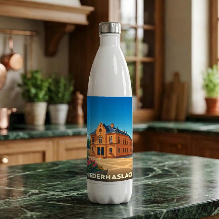 Gourde blanche souvenir de la ville de Niederhaslach avec une illustration stylisée.
