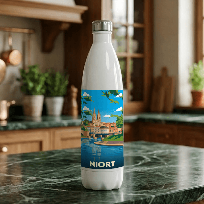 Gourde souvenir de la ville de Niort avec une illustration stylisée.