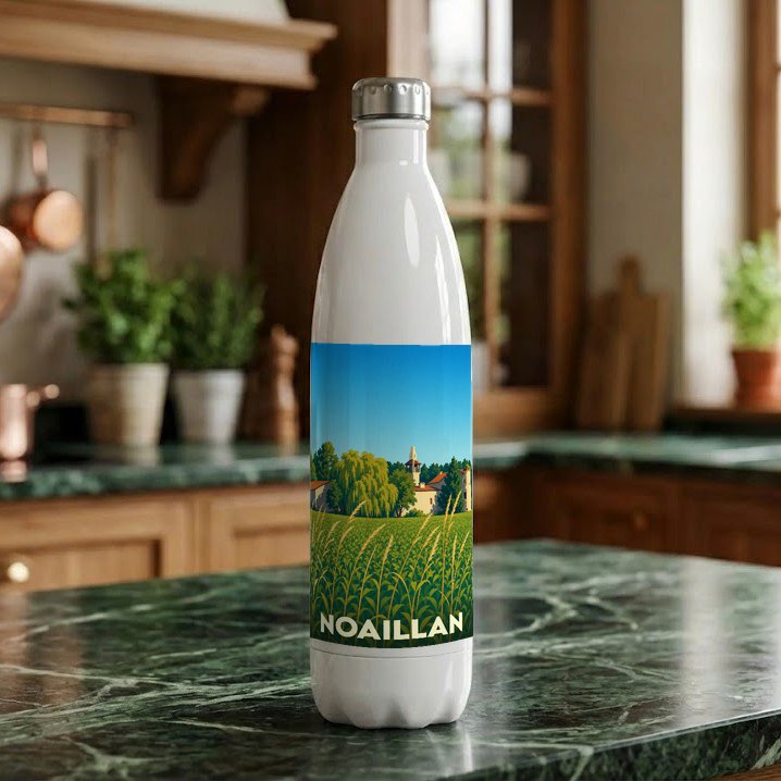 Gourde souvenir de la ville de Noaillan avec une illustration stylisée d'un paysage champêtre.
