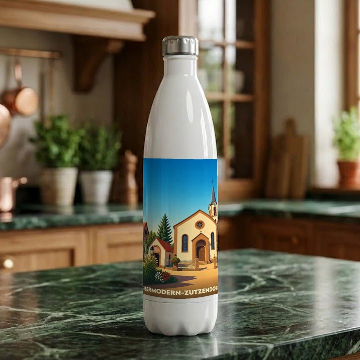 Gourde blanche souvenir de la ville d'Obermodern-Zutzendorf avec une illustration stylisée de son église.