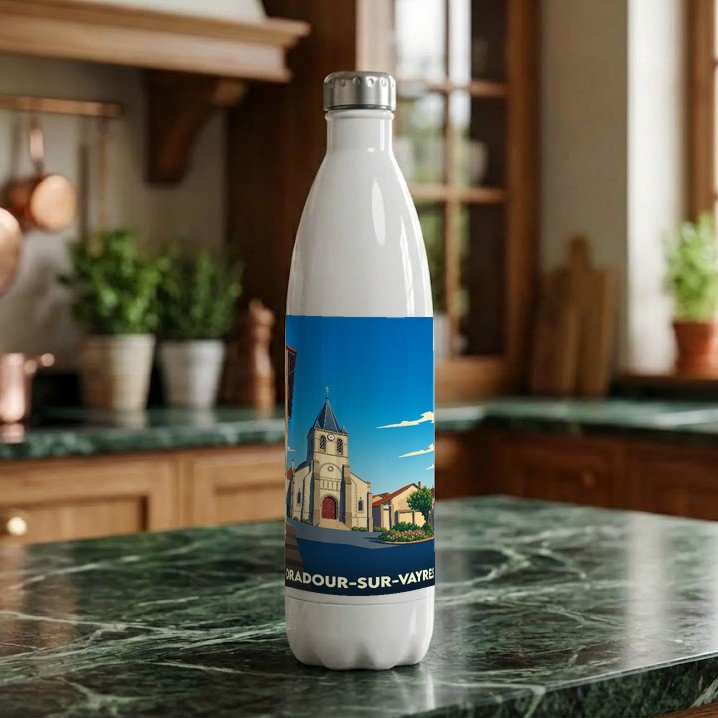 Gourde souvenir de la ville de Oradour-sur-Vayres avec une illustration stylisée de son église.