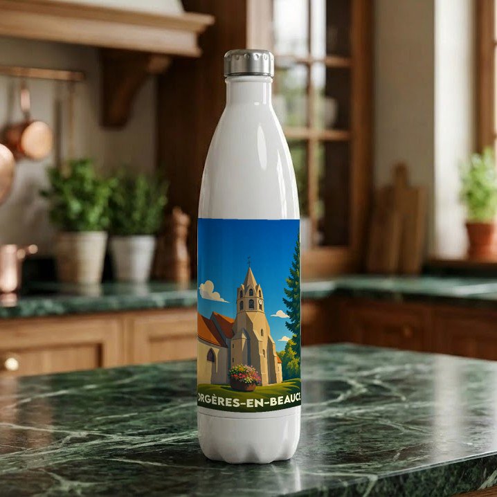 Gourde souvenir de la ville d'Orgères-en-Beauce avec une illustration stylisée de son église.