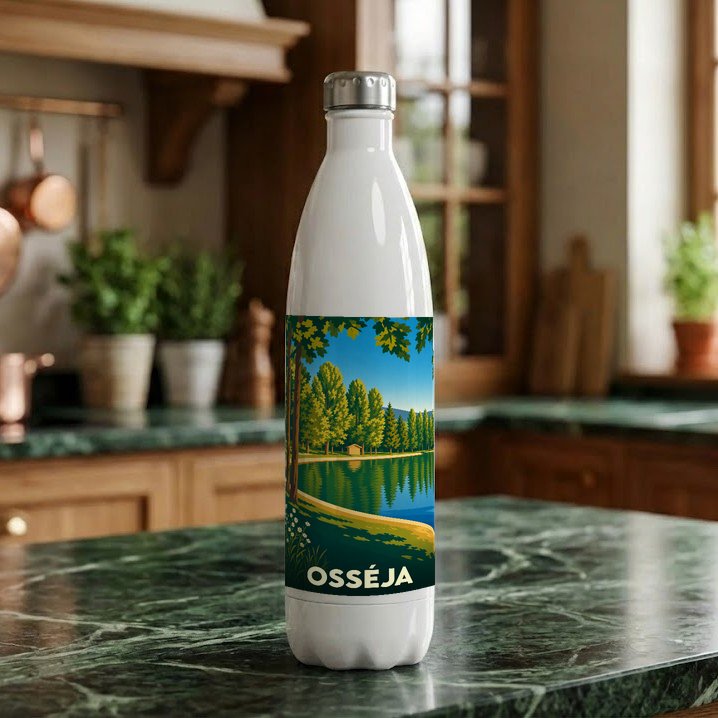 Gourde blanche souvenir de la ville d'Osséja ornée d'une illustration stylisée de son lac et de sa forêt.