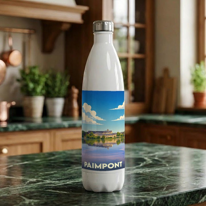 Gourde blanche souvenir de la ville de Paimpont avec une illustration stylisée de son abbaye au bord de l'eau.
