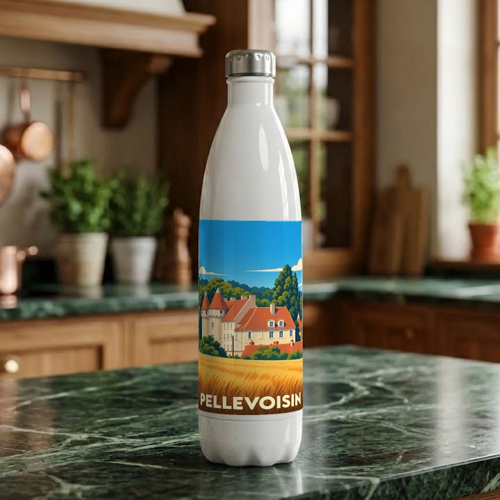 Gourde souvenir de la ville de Pellevoisin avec une illustration stylisée.