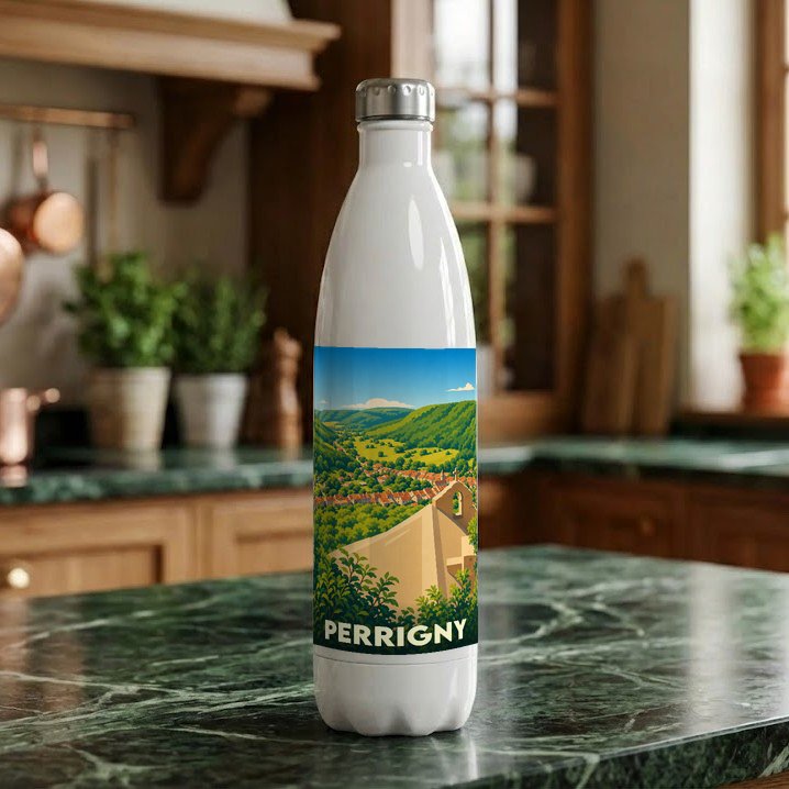 Gourde blanche souvenir de la ville de Perrigny avec une illustration stylisée de son paysage vallonné.