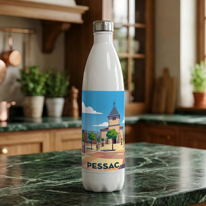 Gourde souvenir de la ville de Pessac avec une illustration stylisée.