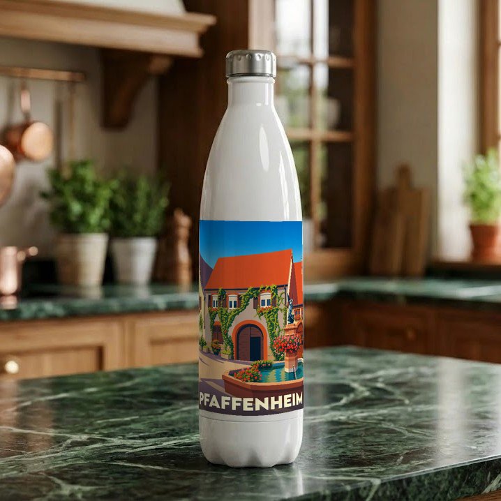 Gourde souvenir de la ville de Pfaffenheim ornée d'une illustration stylisée représentant une place fleurie.