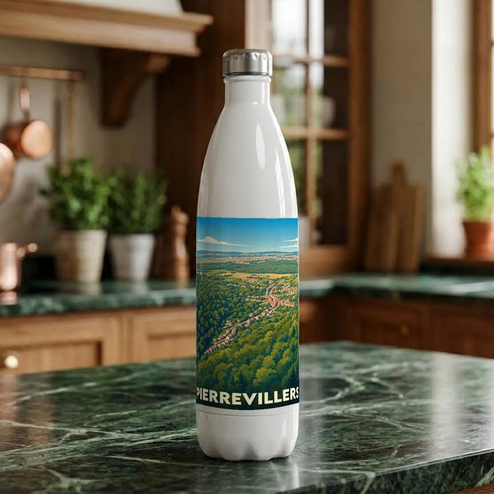 Gourde souvenir de la ville de Pierrevillers avec une illustration de paysage panoramique.