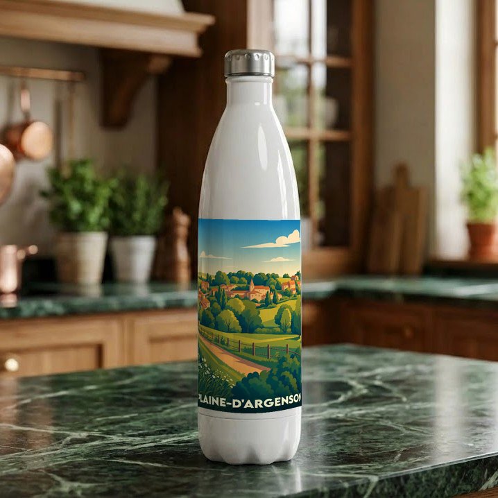 Gourde blanche souvenir de la ville de Plaine-d'Argenson illustrée d'un paysage de campagne stylisé.