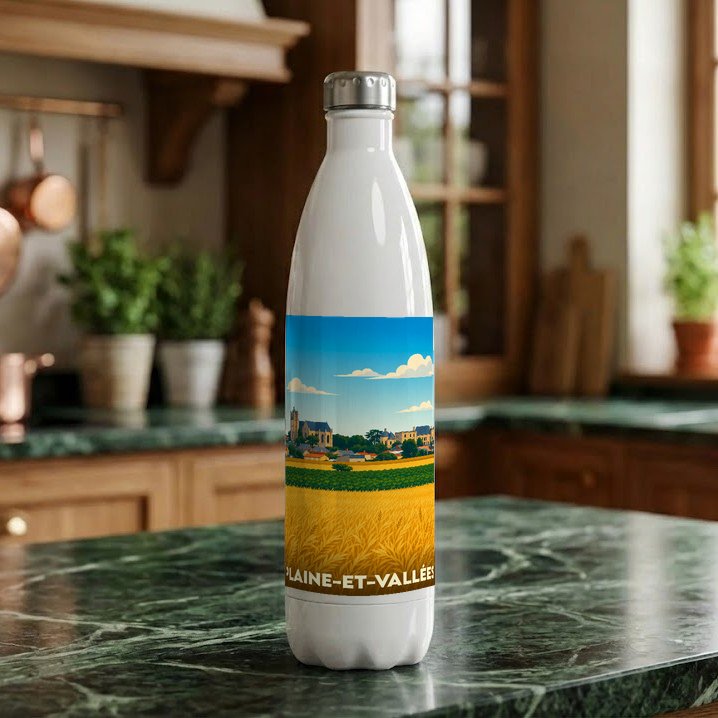 Gourde souvenir de la ville de Plaine-et-Vallées avec une illustration stylisée de champs et de paysages urbains.