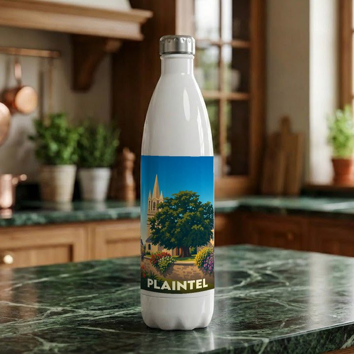 Gourde souvenir de la ville de Plaintel avec une illustration stylisée d'un paysage urbain.