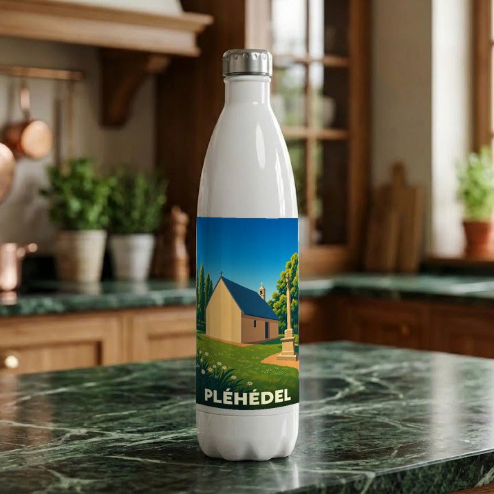 Gourde souvenir de la ville de Pléhédel ornée d'une illustration stylisée de sa chapelle.