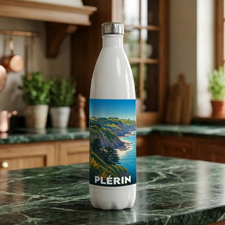 Gourde souvenir de la ville de Plérin avec une illustration stylisée de son littoral.