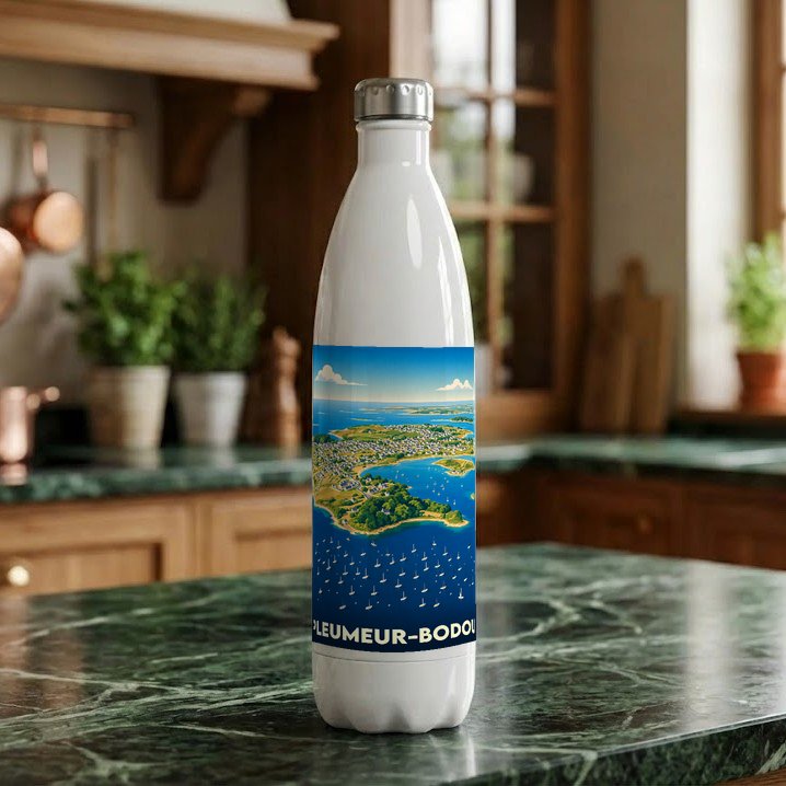 Gourde blanche souvenir de la ville de Pleumeur-Bodou avec une illustration stylisée de la côte bretonne.