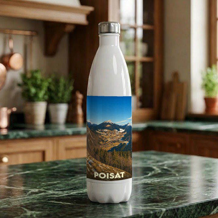 Gourde souvenir de la ville de Poisat illustrée par un paysage de montagne.