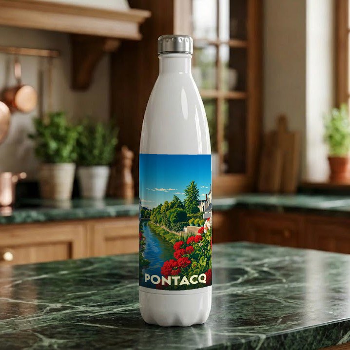 Gourde souvenir de la ville de Pontacq avec une illustration paysagère stylisée.