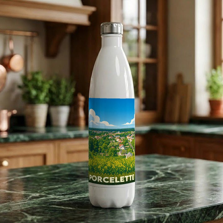Gourde souvenir de la ville de Porcelette avec une illustration stylisée de son paysage champêtre.