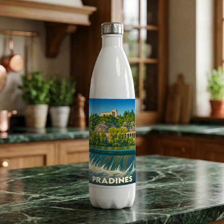 Gourde souvenir de la ville de Pradines ornée d'une illustration stylisée représentant ses paysages.