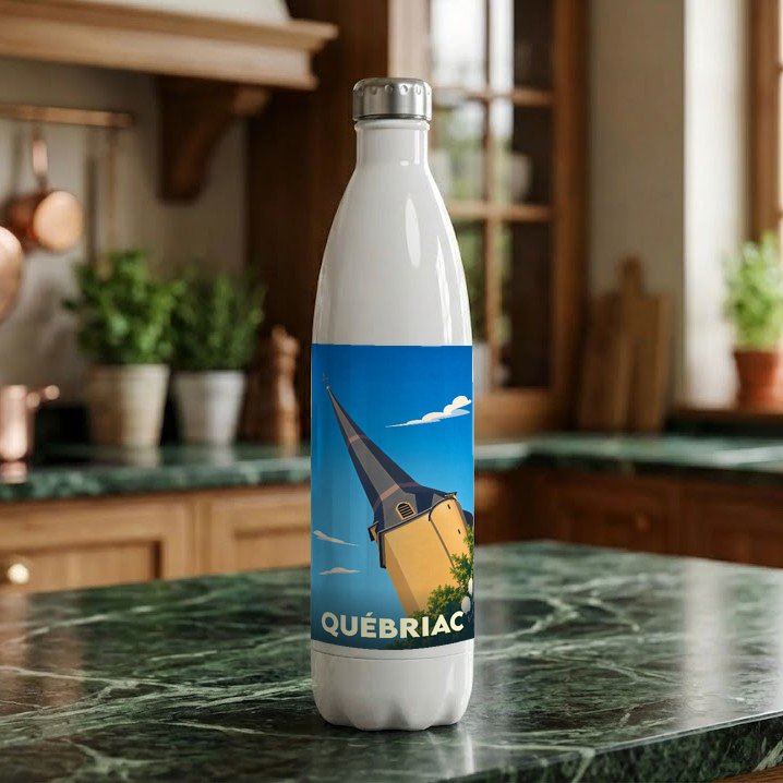 Gourde blanche souvenir de la ville de Québriac avec une illustration stylisée de son clocher.