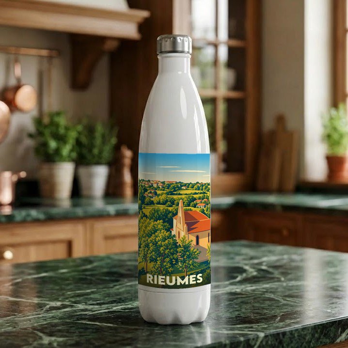 Gourde souvenir de la ville de Rieumes avec une illustration stylisée de son paysage.