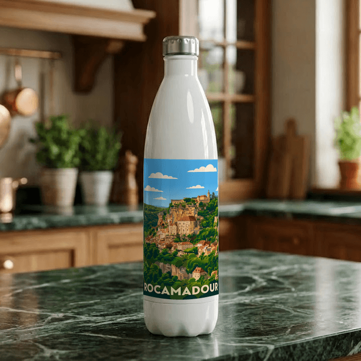 Gourde souvenir de la ville de Rocamadour avec une illustration stylisée.