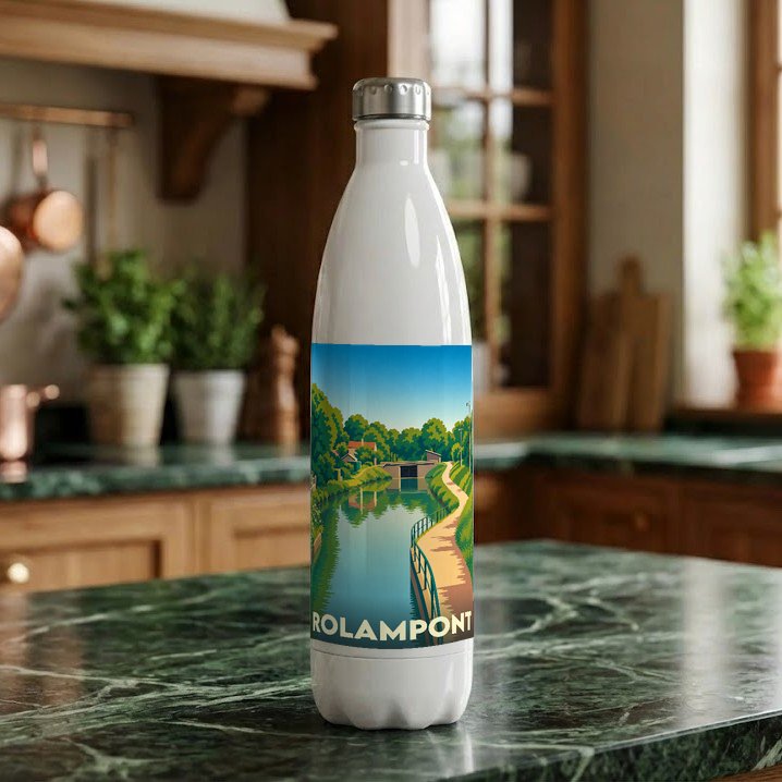 Gourde souvenir de la ville de Rolampont avec une illustration stylisée d'un canal.