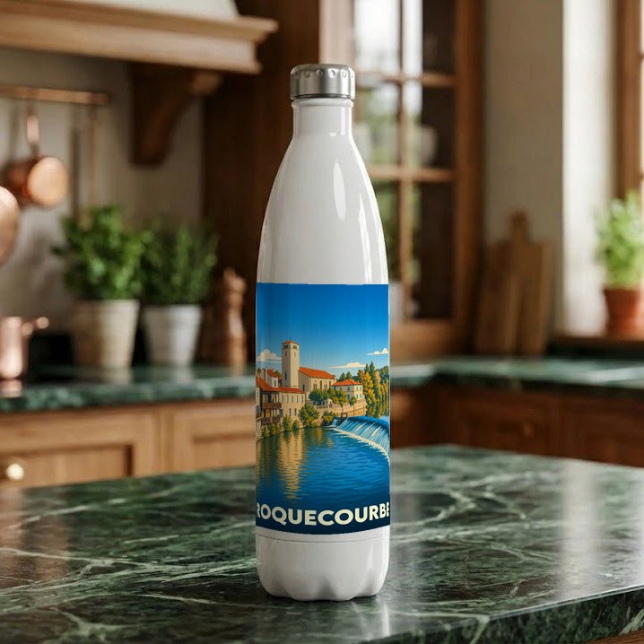Gourde souvenir de la ville de Roquecourbe avec une illustration stylisée.