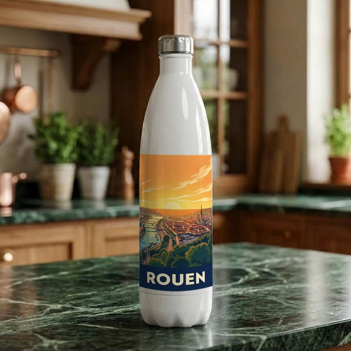 Gourde souvenir de la ville de Rouen avec une illustration stylisée.