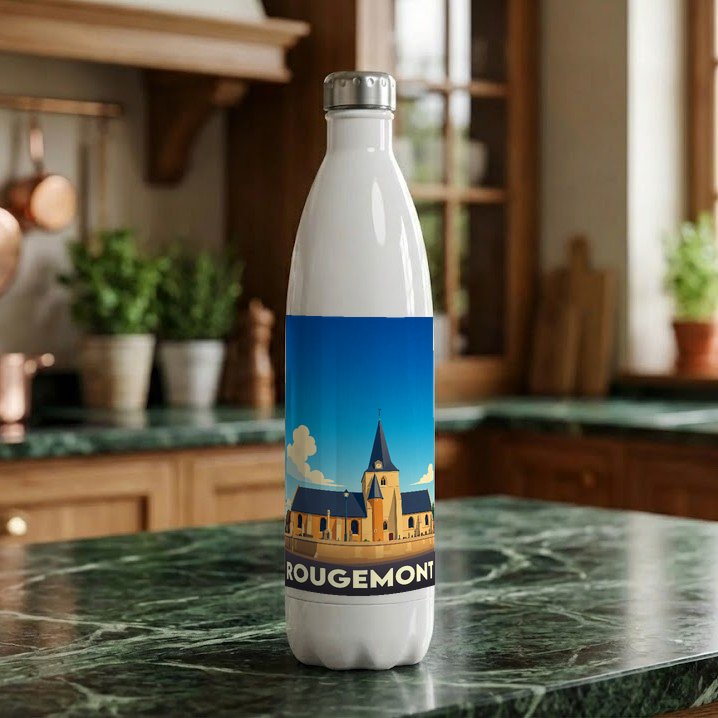 Gourde blanche souvenir de la ville de Rougemont avec une illustration stylisée de son église.