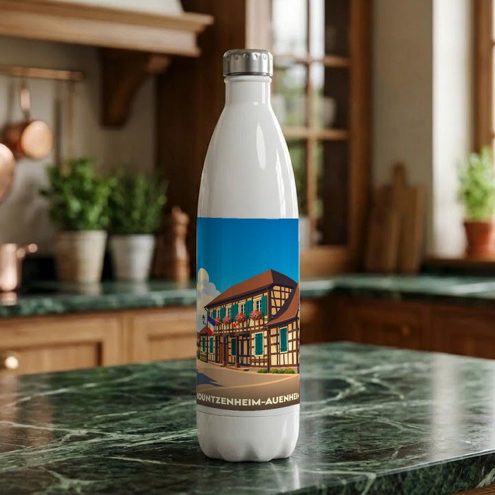 Gourde souvenir de la ville de Rountzenheim-Auenheim avec une illustration stylisée.