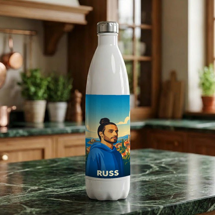 Gourde souvenir de la ville de Russ avec une illustration stylisée.