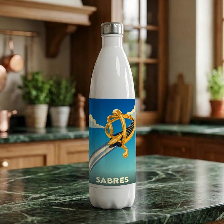 Gourde souvenir de la ville de Sabres ornée d'une illustration stylisée de sabre.