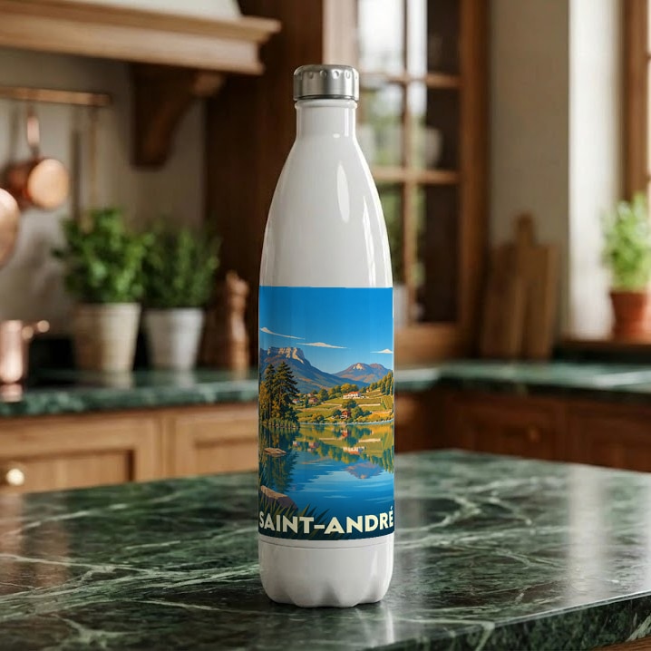 Gourde souvenir de la ville de Saint-André ornée d'une illustration stylisée de paysages alpins.