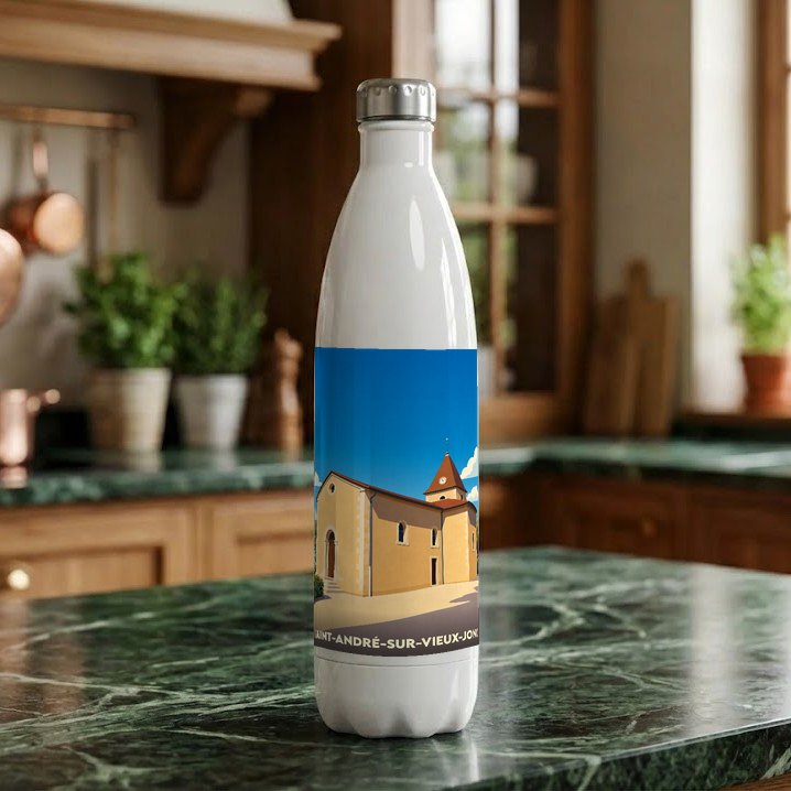 Gourde souvenir de la ville de Saint-André-sur-Vieux-Jonc avec une illustration stylisée de son église.