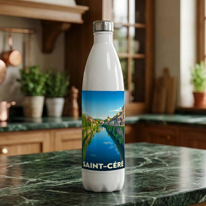 Gourde souvenir de la ville de Saint-Céré avec une illustration stylisée d'un canal bordé de maisons.