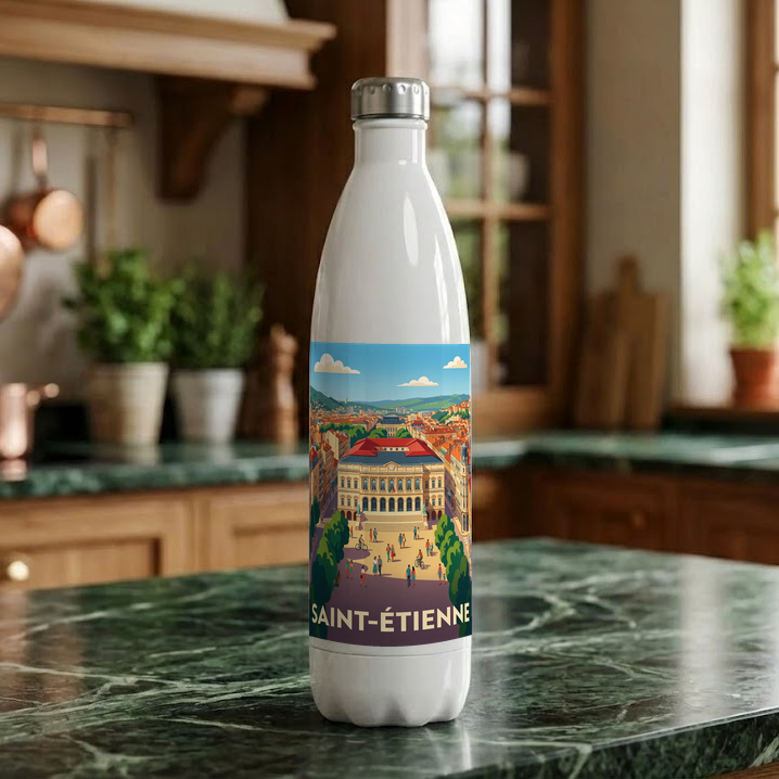 Gourde souvenir de la ville de Saint-Étienne avec une illustration stylisée.