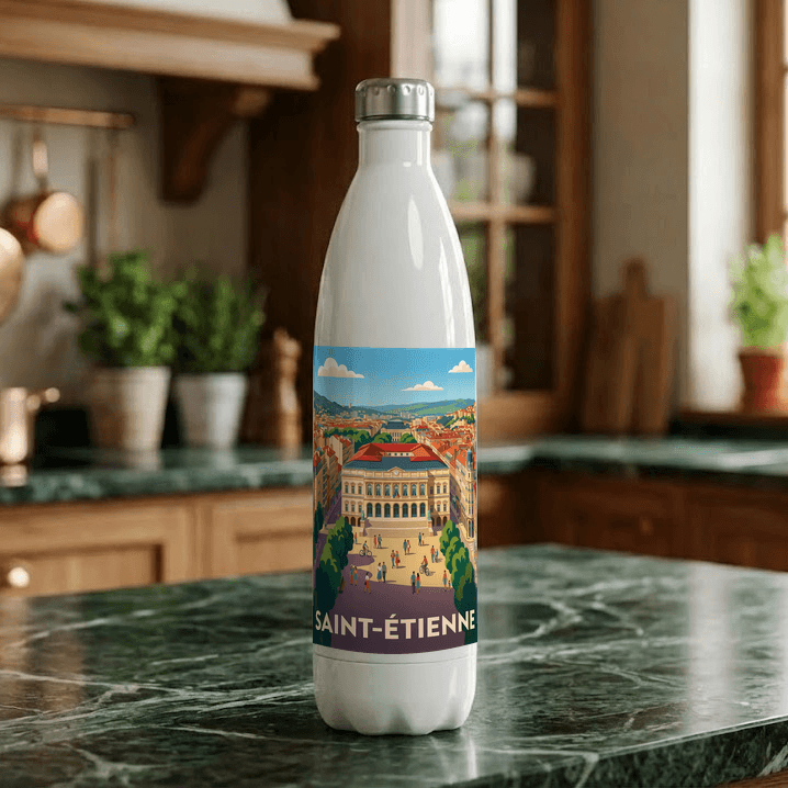 Gourde souvenir de la ville de Saint-Étienne avec une illustration stylisée.
