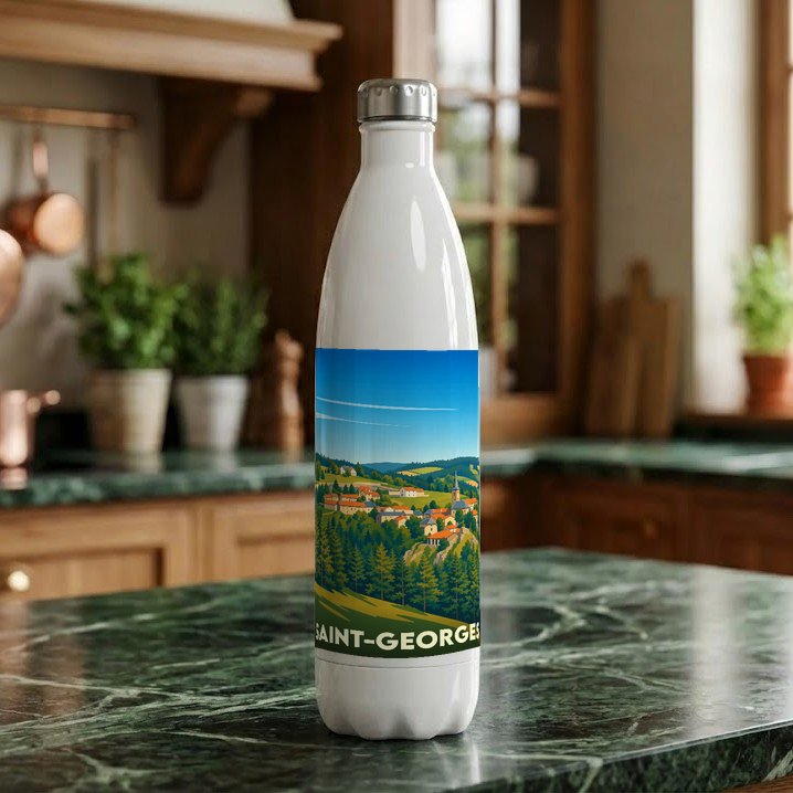 Gourde souvenir de la ville de Saint-Georges avec une illustration stylisée de son paysage vallonné.