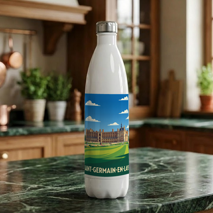 Gourde souvenir de la ville de Saint-Germain-en-Laye avec une illustration stylisée du château.